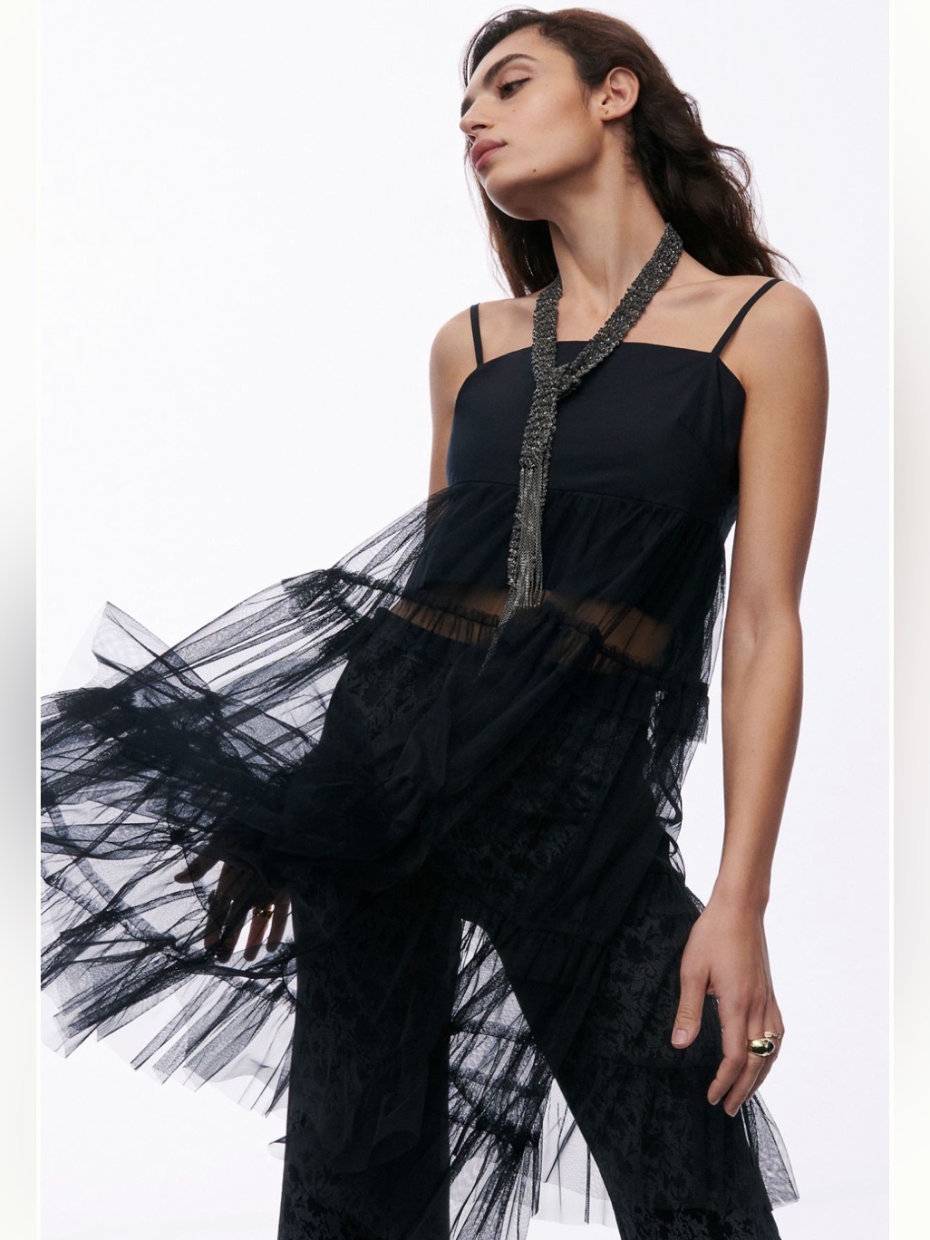 Anthropologie Black Sheer Tulle Layered Slip Dress